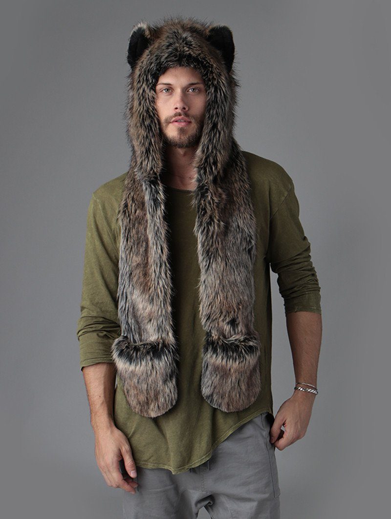 Man wearing faux fur Direwolf Universe SpiritHood, front view 2
