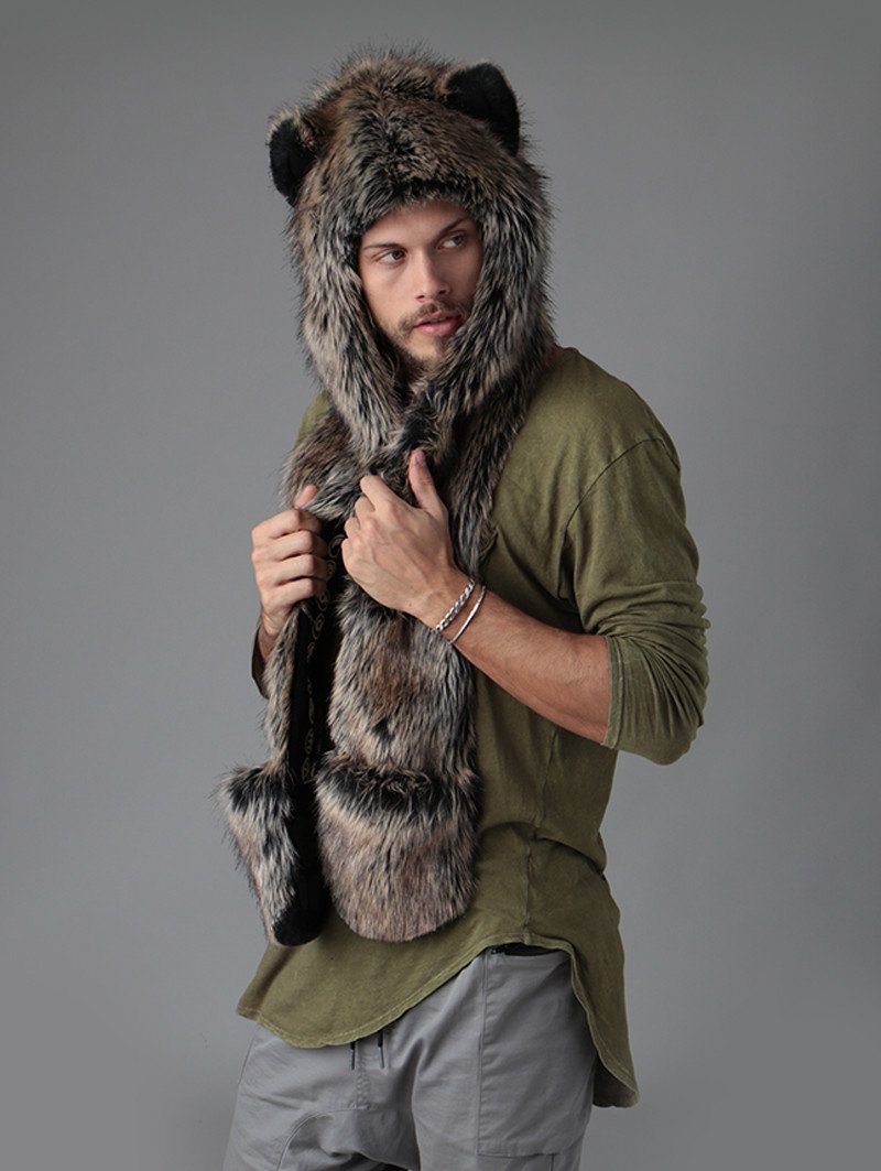 Man wearing faux fur Direwolf Universe SpiritHood, side view 1