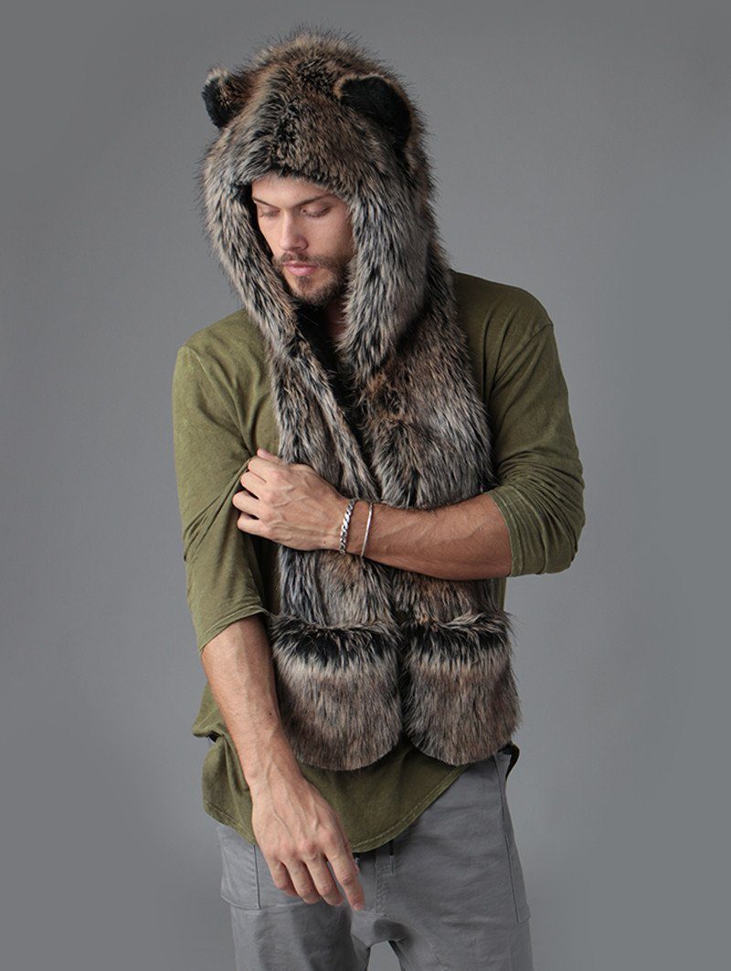 Man wearing faux fur Direwolf Universe SpiritHood, front view 4