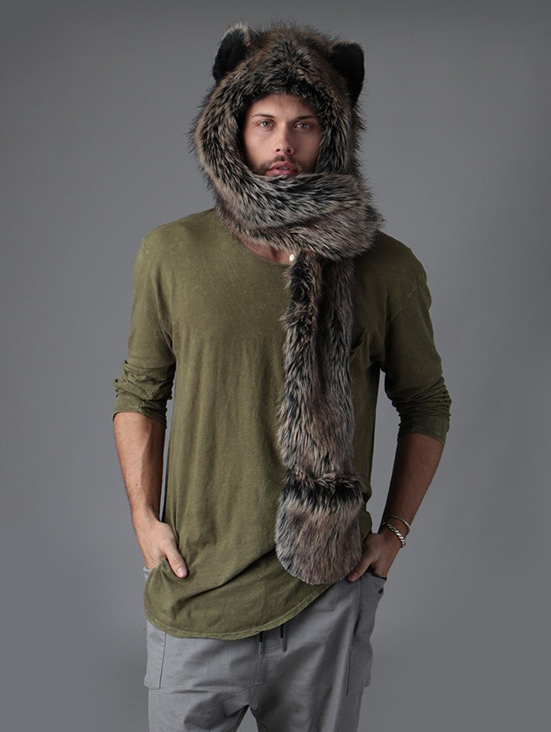 Man wearing faux fur Direwolf Universe SpiritHood, front view 3