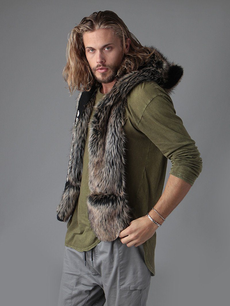 Man wearing faux fur Direwolf Universe SpiritHood, side view 2