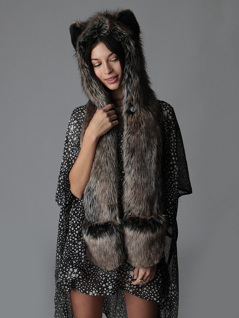 Woman wearing Direwolf Universe Faux Fur SpiritHood, front view