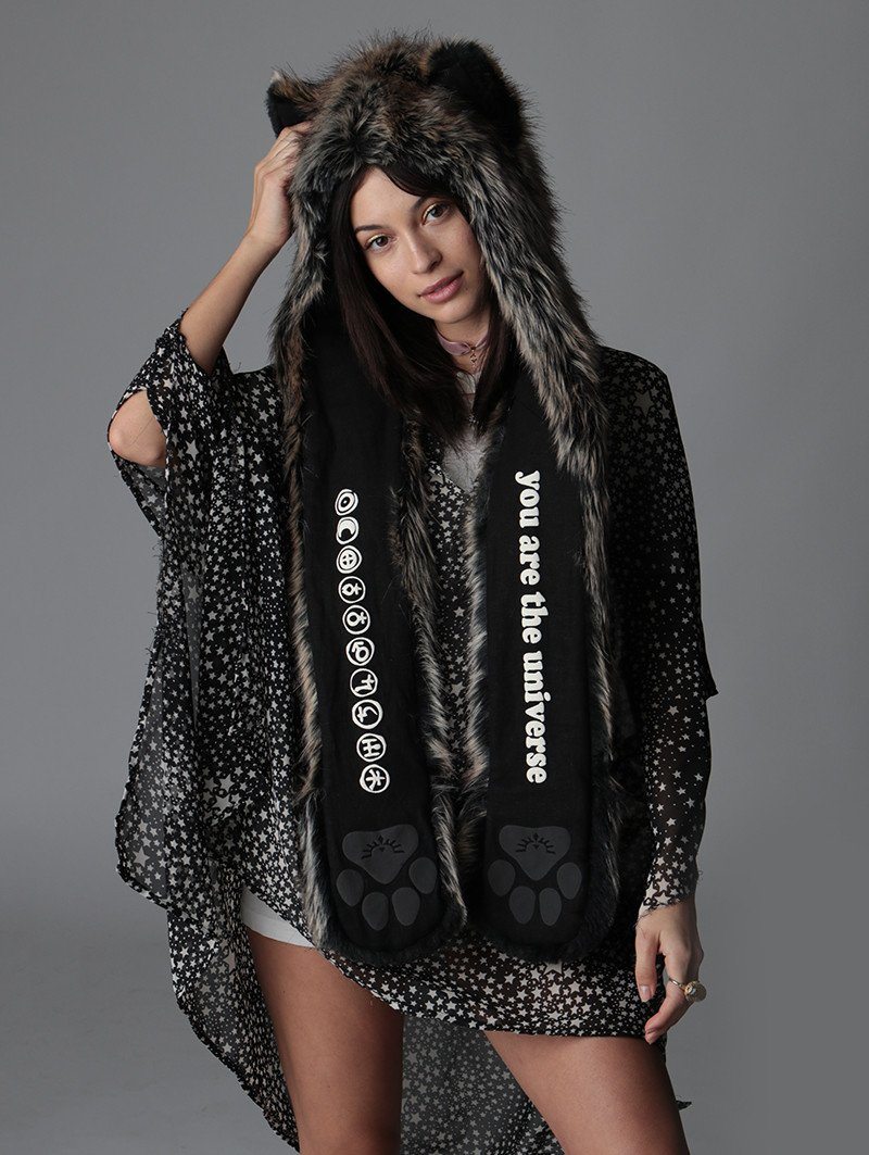 Woman wearing Direwolf Universe Faux Fur SpiritHood, front view 1