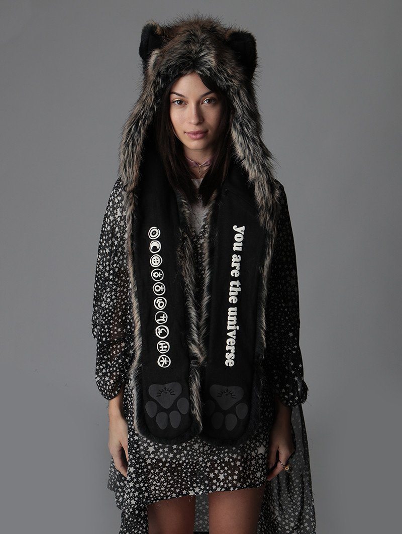 Woman wearing Direwolf Universe Faux Fur SpiritHood