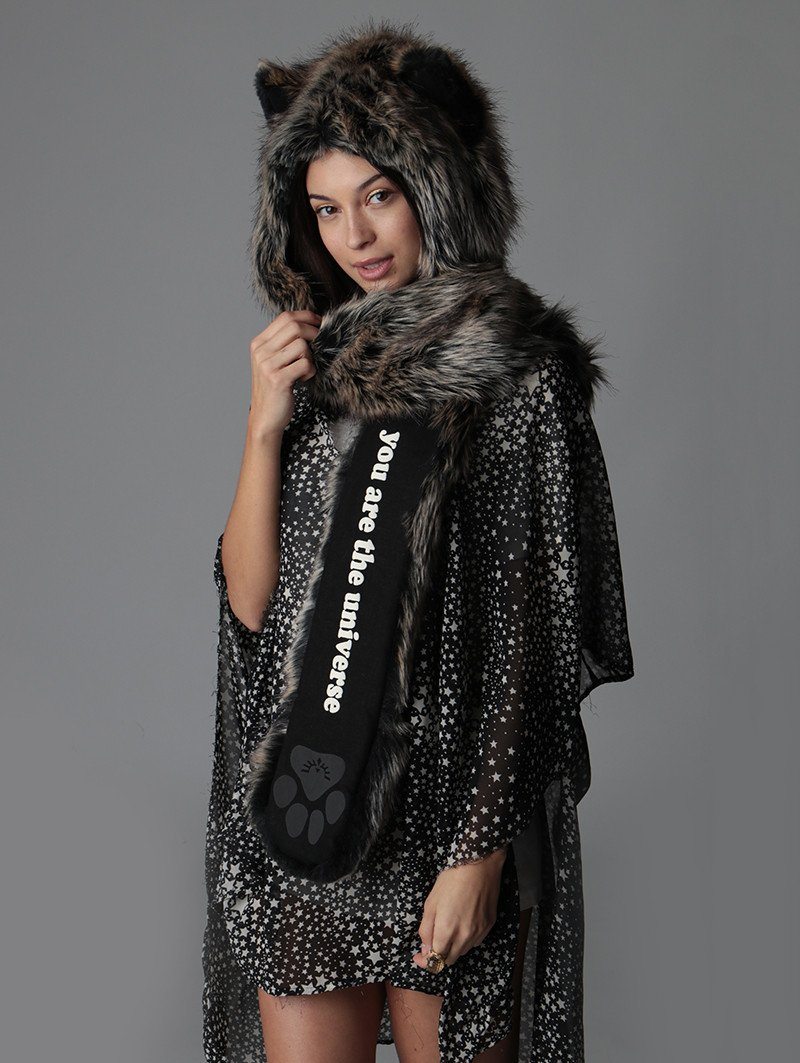 Woman wearing Direwolf Universe Faux Fur SpiritHood, side view 1