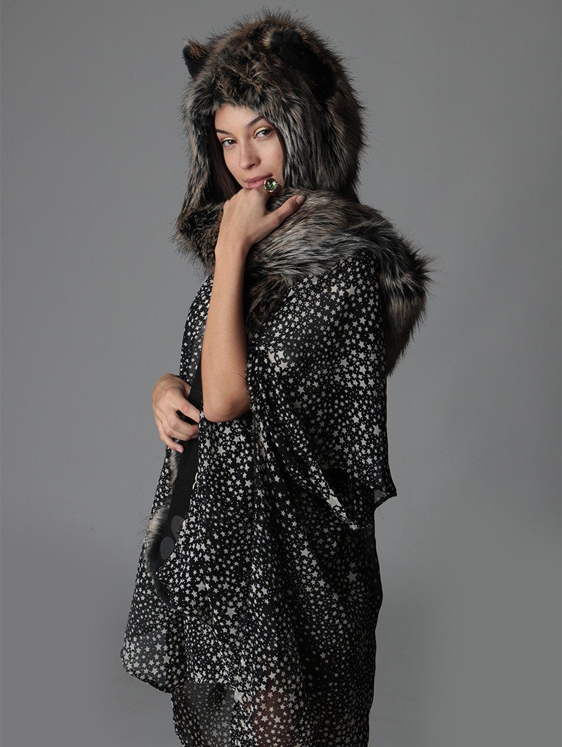 Woman wearing Direwolf Universe Faux Fur SpiritHood, side view