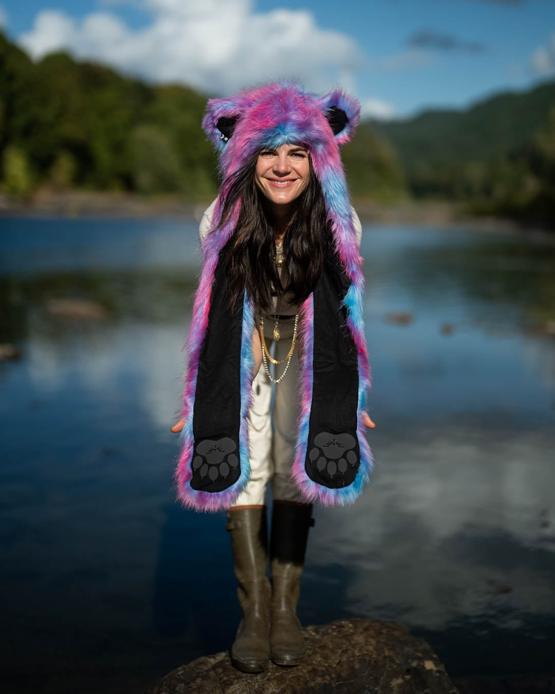 Woman wearing faux fur Collector Edition Cotton Candy Bear SpiritHood, front view 1