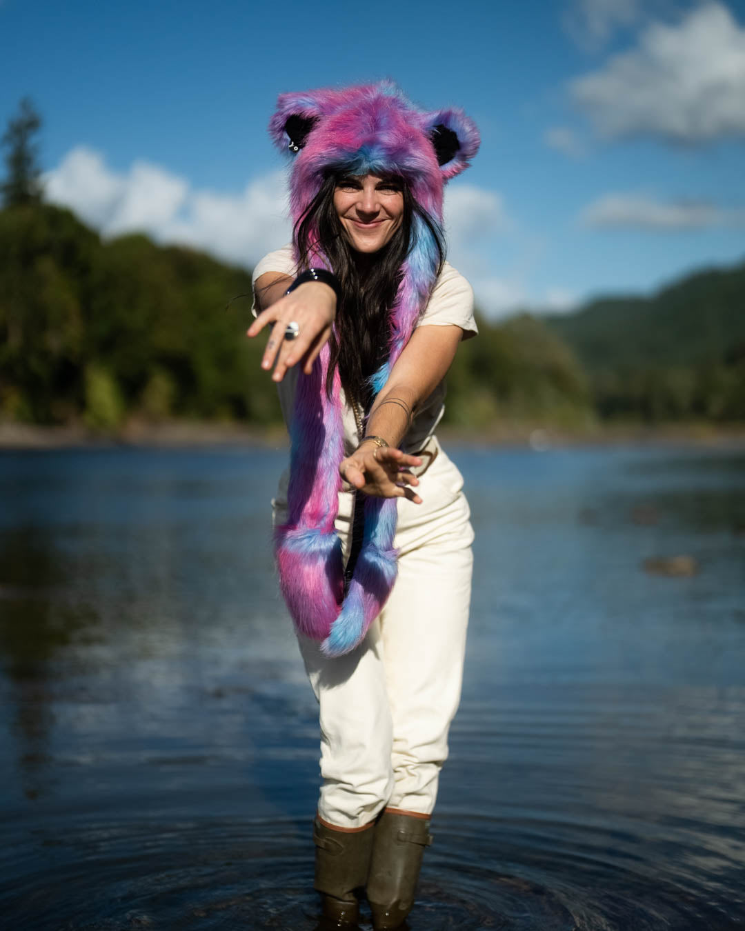 Woman wearing faux fur Collector Edition Cotton Candy Bear SpiritHood, front view 2