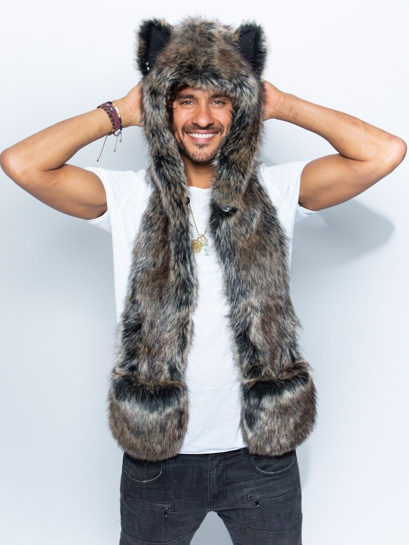 Man wearing Dire Wolf Faux Fur Hood, front view 5