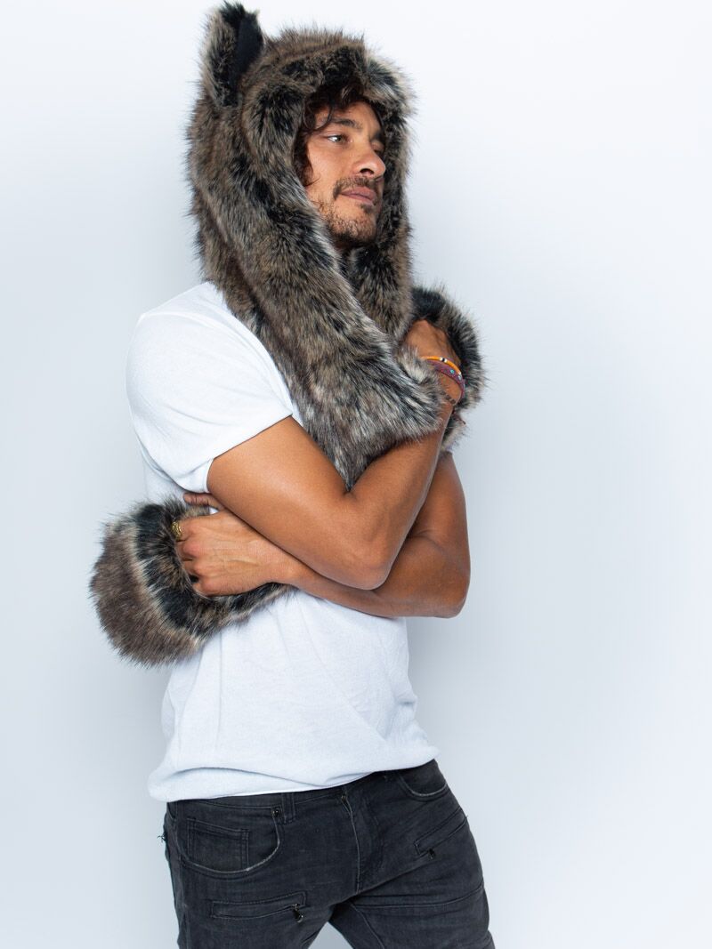Man wearing Dire Wolf Faux Fur Hood, side view 1