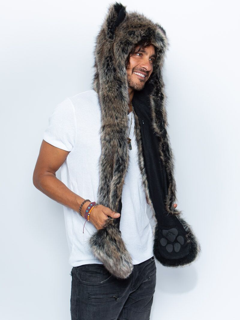 Man wearing Dire Wolf Faux Fur Hood, side view 2