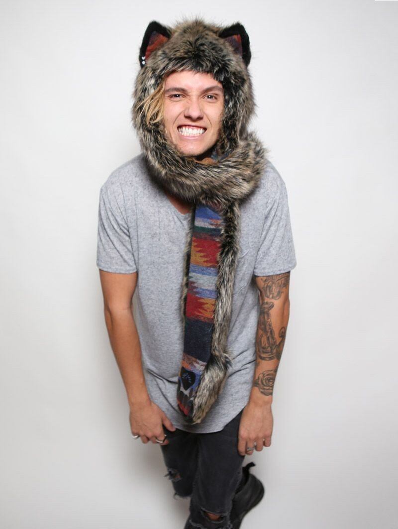 Man wearing Collector Edition Direwolf Faux Fur SpiritHood, front view 1
