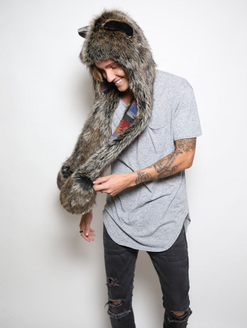 Man wearing Collector Edition Direwolf Faux Fur SpiritHood, side view 1