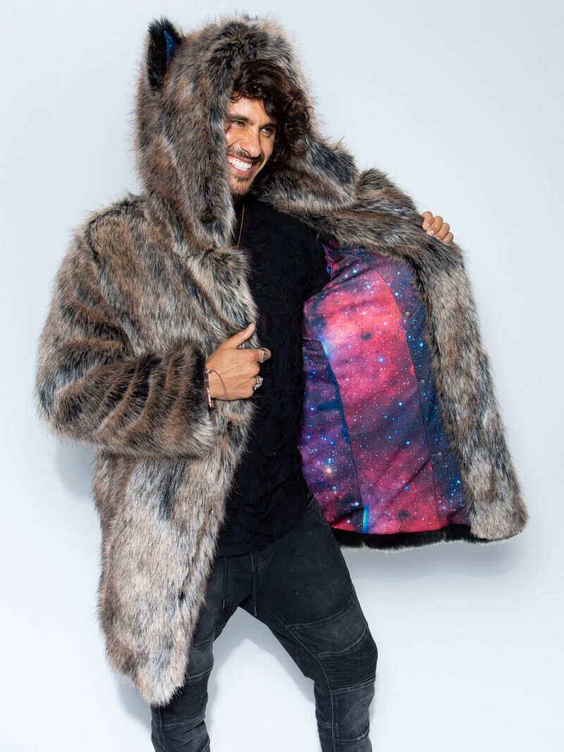 Man wearing Direwolf Galaxy Collector Edition Faux Fur Coat, side view 1