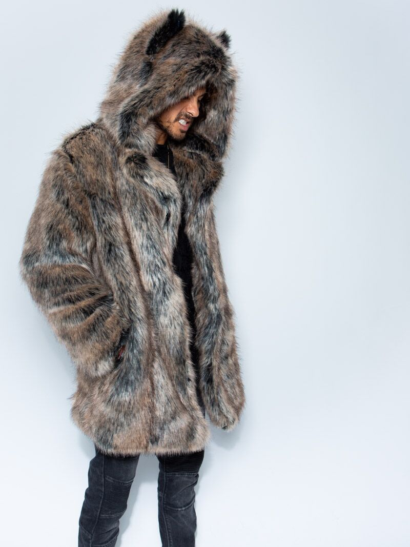 Man wearing Direwolf Galaxy Collector Edition Faux Fur Coat, side view 2