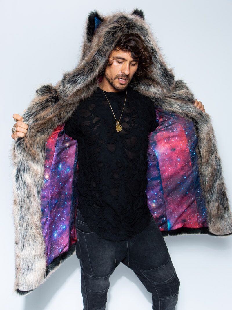 Man wearing faux fur Direwolf Galaxy Collector Edition Coat
