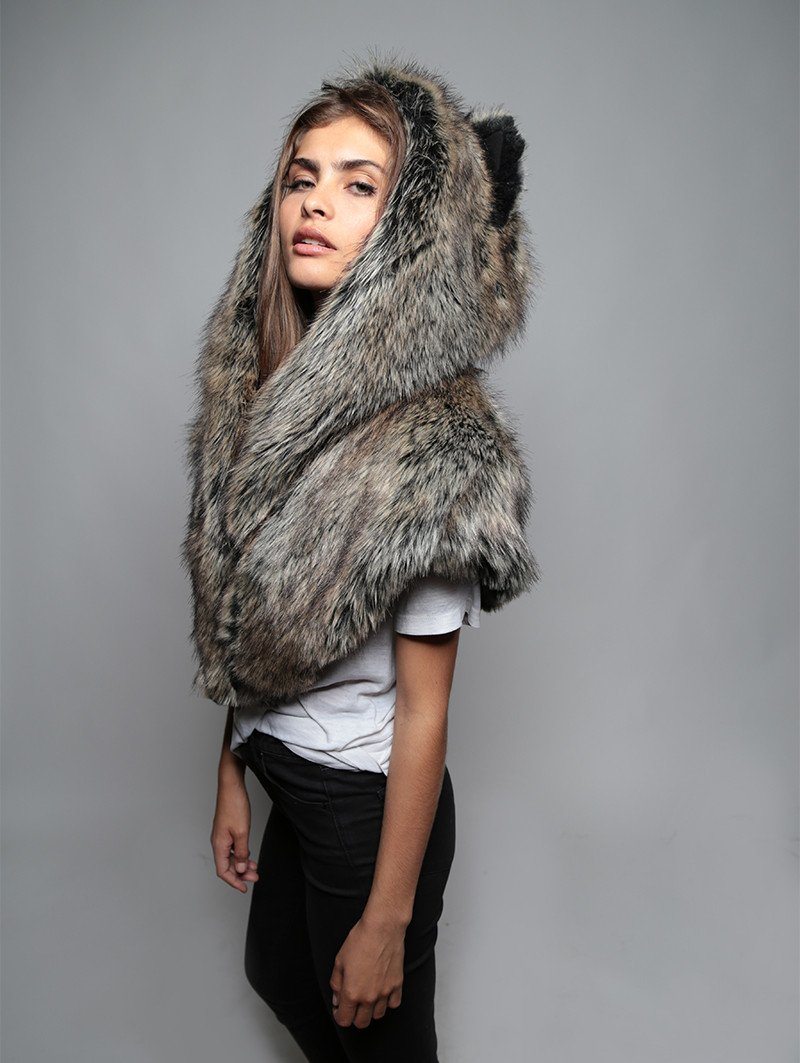 Side View of Dire Wolf Faux Fur Shawl on Woman