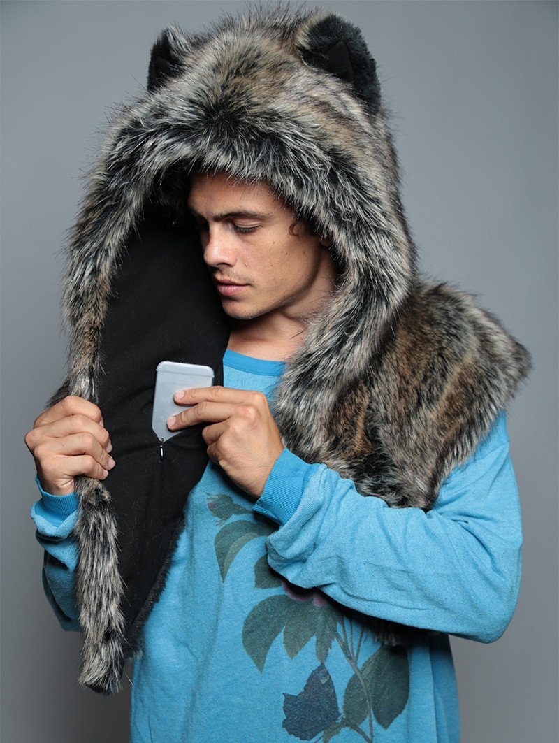 Man wearing Dire Wolf Faux Fur Shawl with Hood