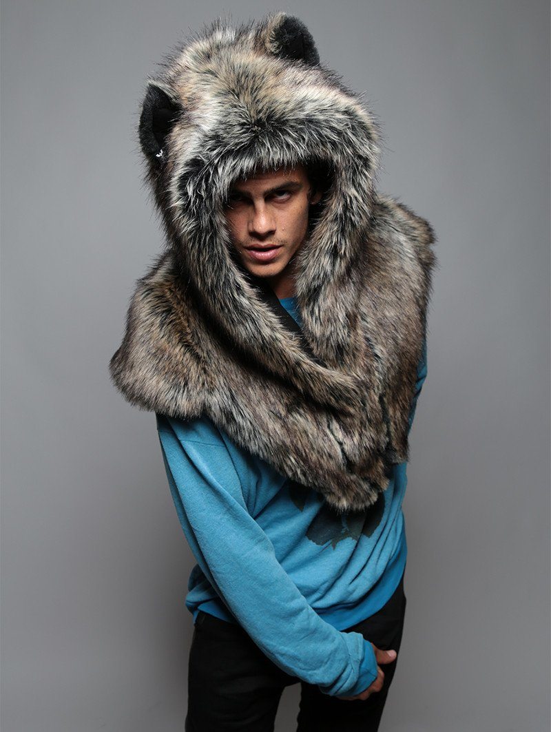 Man wearing Faux Fur Shawl with Hood in Dire Wolf Design