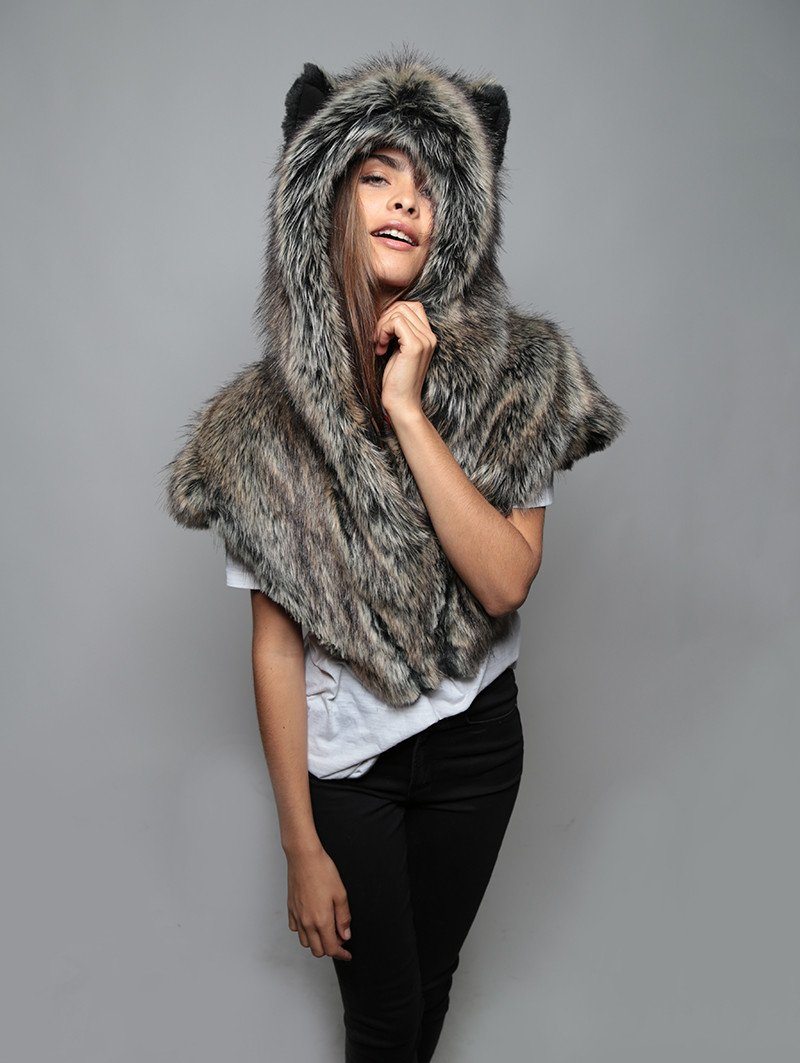Dire Wolf Faux Fur Shawl with Hood on Woman