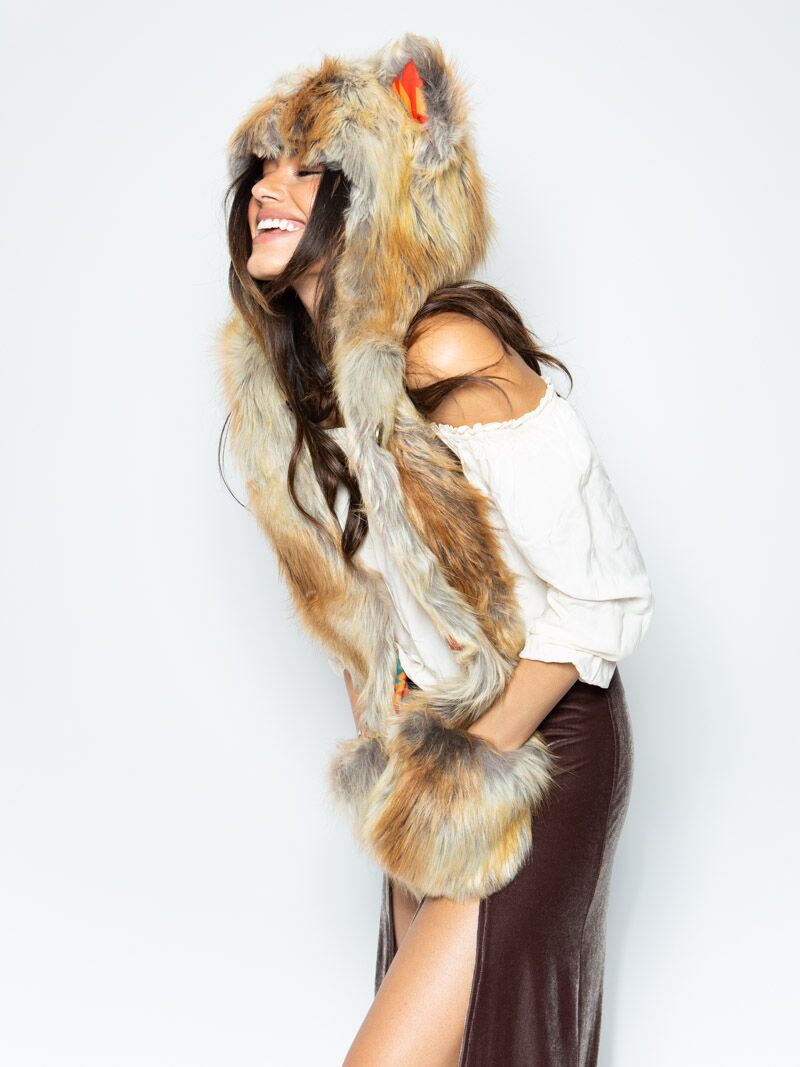 Woman wearing Desert Sunrise Fox CE Faux Fur SpiritHood, side view 1