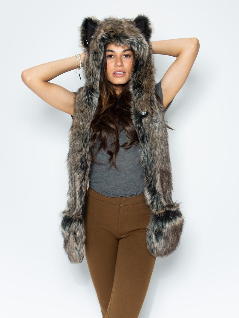 Woman wearing Dire Wolf Faux Fur Hood, front view 1