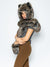Woman wearing Dire Wolf Faux Fur Hood, side view 2