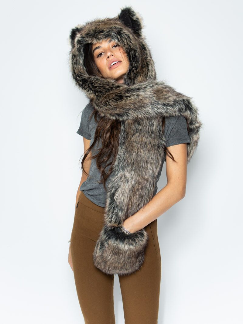 Woman wearing Dire Wolf Faux Fur Hood