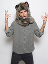 Man wearing Direwolf Italy Collectors Edition faux fur hood, front view 3