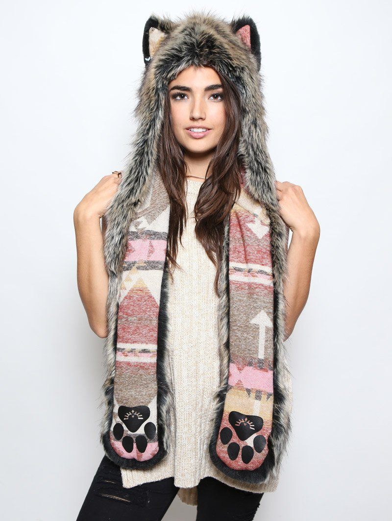 Woman wearing faux fur Direwolf Italy Collectors Edition SpiritHood