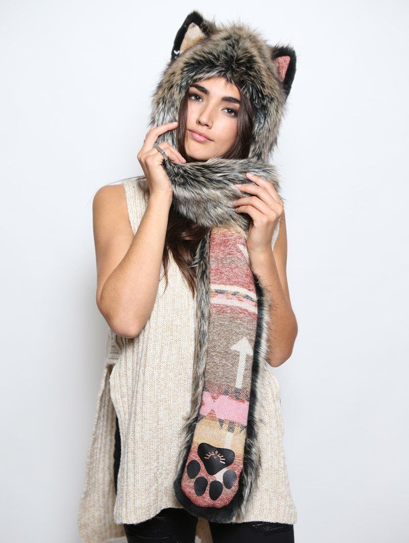Woman wearing faux fur Direwolf Italy Collectors Edition SpiritHood, front view 1