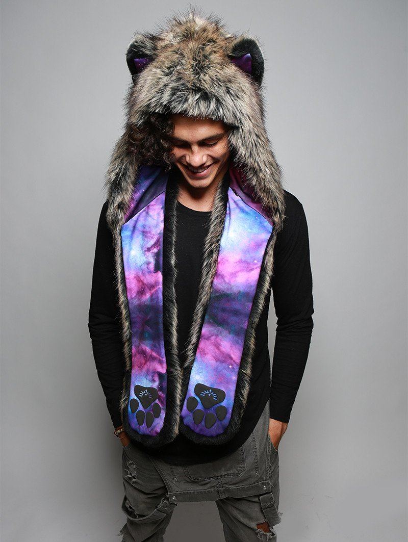 Man wearing faux fur Direwolf Galaxy Collector SpiritHood, front view 1