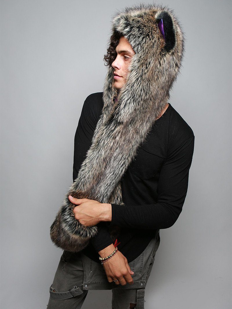 Man wearing faux fur Direwolf Galaxy Collector SpiritHood, side view 2