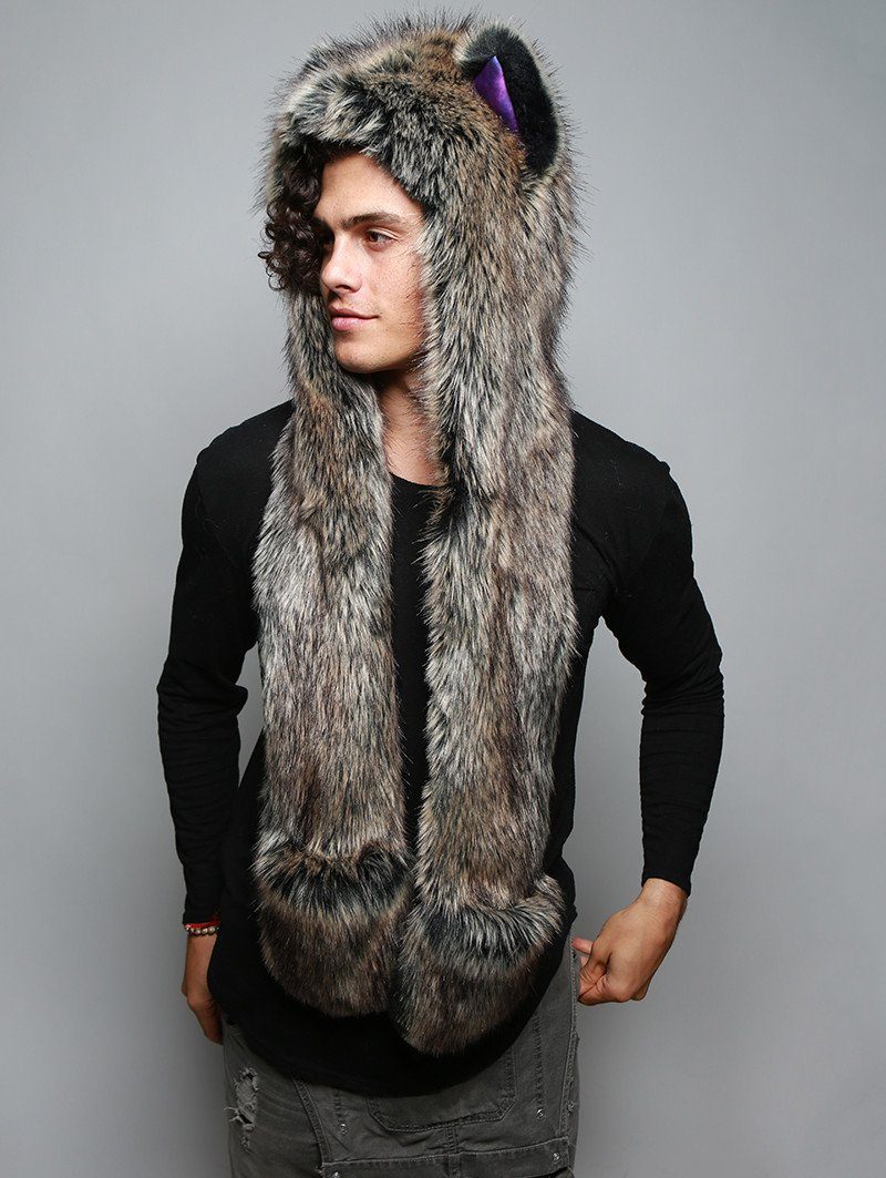 Man wearing faux fur Direwolf Galaxy Collector SpiritHood, side view 1