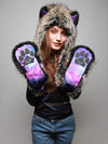 Woman wearing Direwolf Galaxy Collector Faux Fur SpiritHood, front view 1