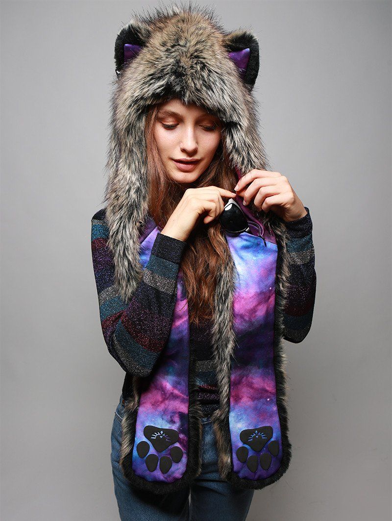 Woman wearing Direwolf Galaxy Collector Faux Fur SpiritHood, front view 3