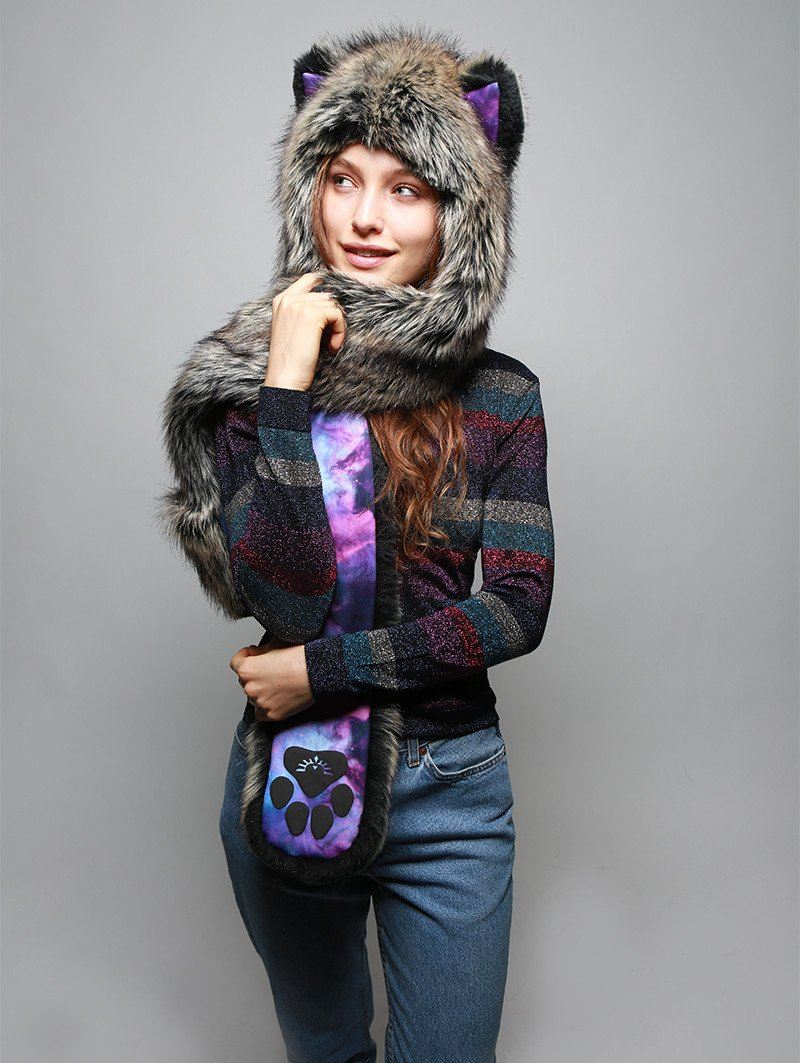 Woman wearing Direwolf Galaxy Collector Faux Fur SpiritHood, front view