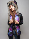 Woman wearing Direwolf Galaxy Collector Faux Fur SpiritHood, front view 2