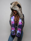 Woman wearing Direwolf Galaxy Collector Faux Fur SpiritHood, front view 5