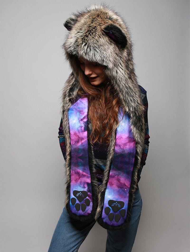 Woman wearing Direwolf Galaxy Collector Faux Fur SpiritHood, front view 5