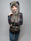 Woman wearing Direwolf Galaxy Collector Faux Fur SpiritHood, front view 4