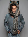 Man wearing Direwolf Italy Collectors Edition faux fur hood, front view 4