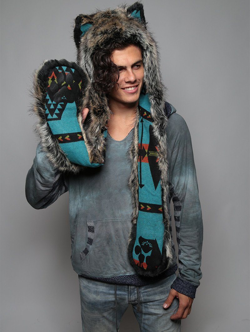 Man wearing Direwolf Italy Collectors Edition faux fur hood, front view 5