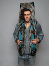 Man wearing Direwolf Italy Collectors Edition faux fur hood, front view 3