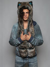 Man wearing Direwolf Italy Collectors Edition faux fur hood, front view 2