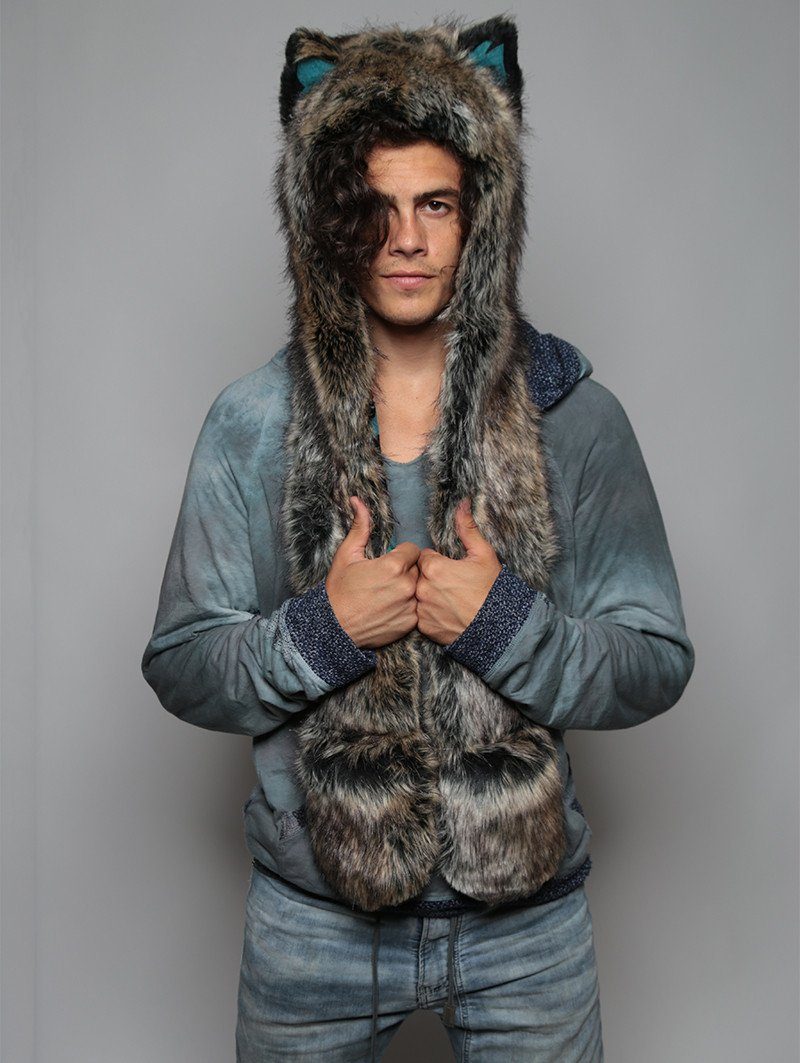 Man wearing Direwolf Italy Collectors Edition faux fur hood, front view 2