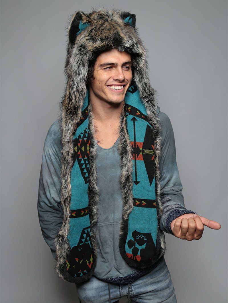 Man wearing Direwolf Italy Collectors Edition faux fur hood, front view 6