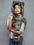 Woman wearing faux fur Direwolf Italy Collectors Edition, front view 1
