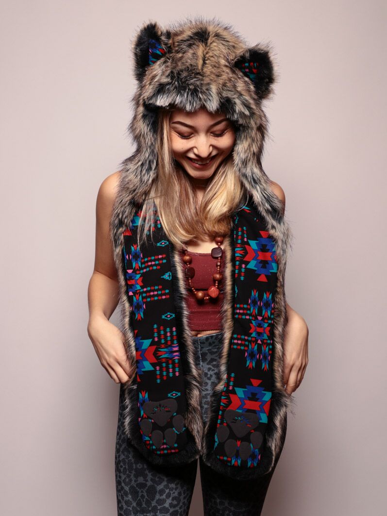 Woman wearing faux fur Direwolf CE SpiritHood