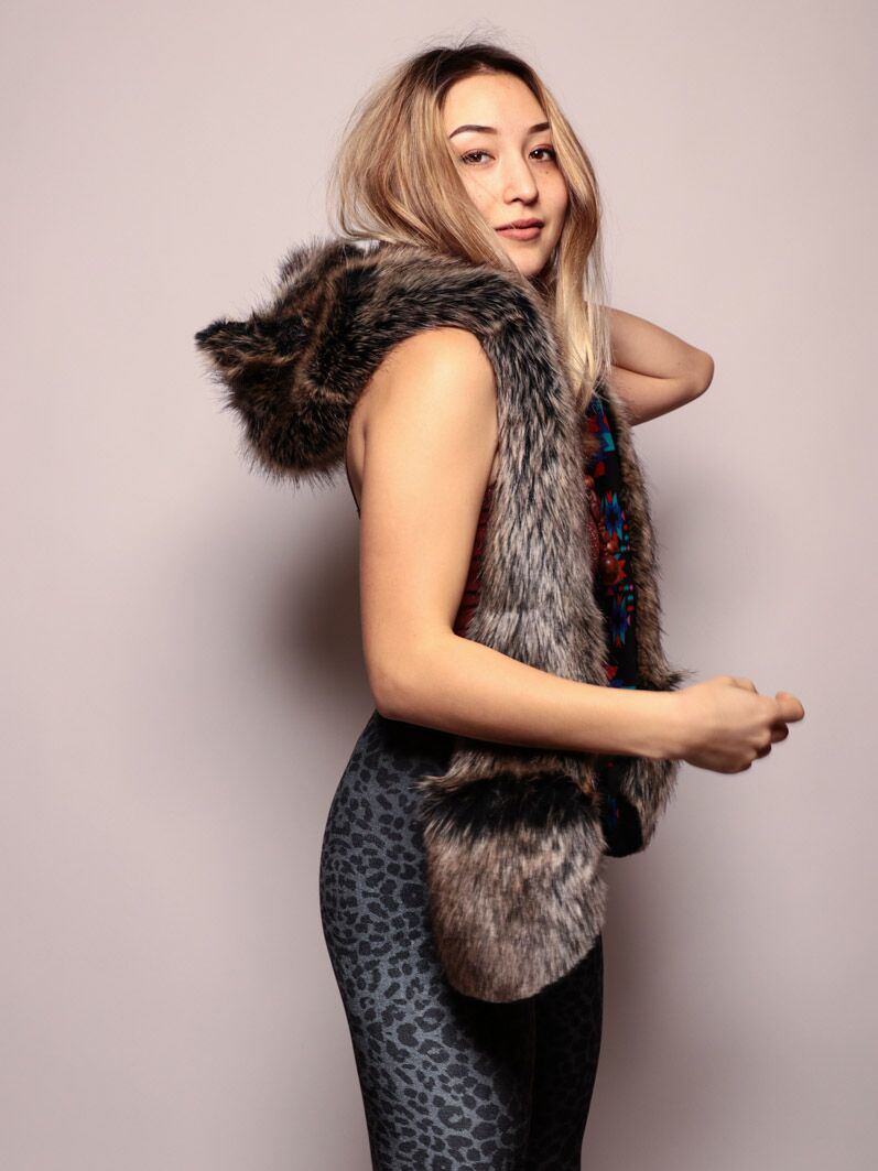 Woman wearing faux fur Direwolf CE SpiritHood, side view 1